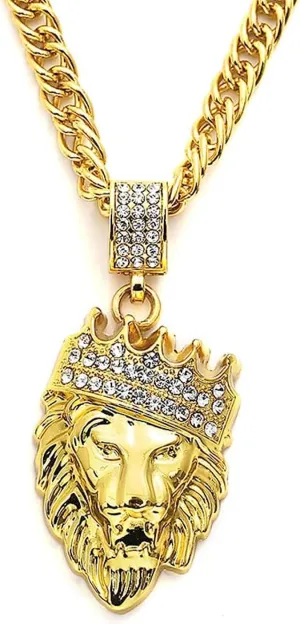 Lion's head men's necklace, hip-hop jewelry gold crown lion's head pendant, Cuban chain gold necklace