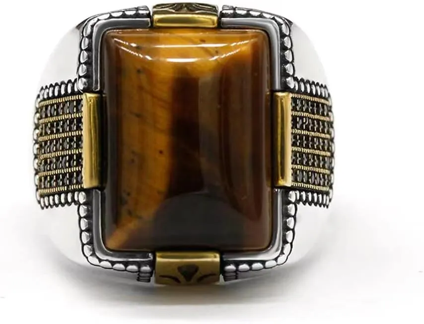 LovePlus Solid 925 Sterling Silver Men's Big Stone Ring Turkey Classic Vintage Inlay Square Natural Brown Tiger Eye Men's Jewelry Punk New Ring
