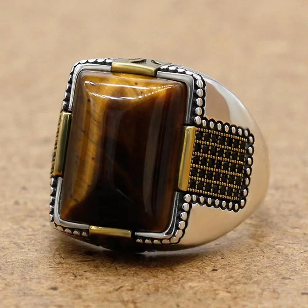 LovePlus Solid 925 Sterling Silver Men's Big Stone Ring Turkey Classic Vintage Inlay Square Natural Brown Tiger Eye Men's Jewelry Punk New Ring