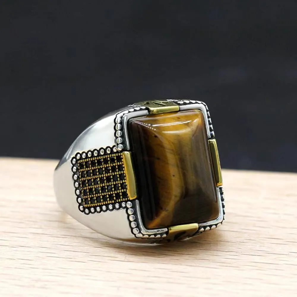 LovePlus Solid 925 Sterling Silver Men's Big Stone Ring Turkey Classic Vintage Inlay Square Natural Brown Tiger Eye Men's Jewelry Punk New Ring