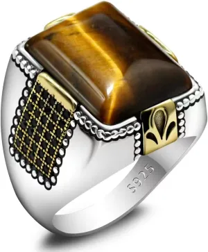 LovePlus Solid 925 Sterling Silver Men's Big Stone Ring Turkey Classic Vintage Inlay Square Natural Brown Tiger Eye Men's Jewelry Punk New Ring