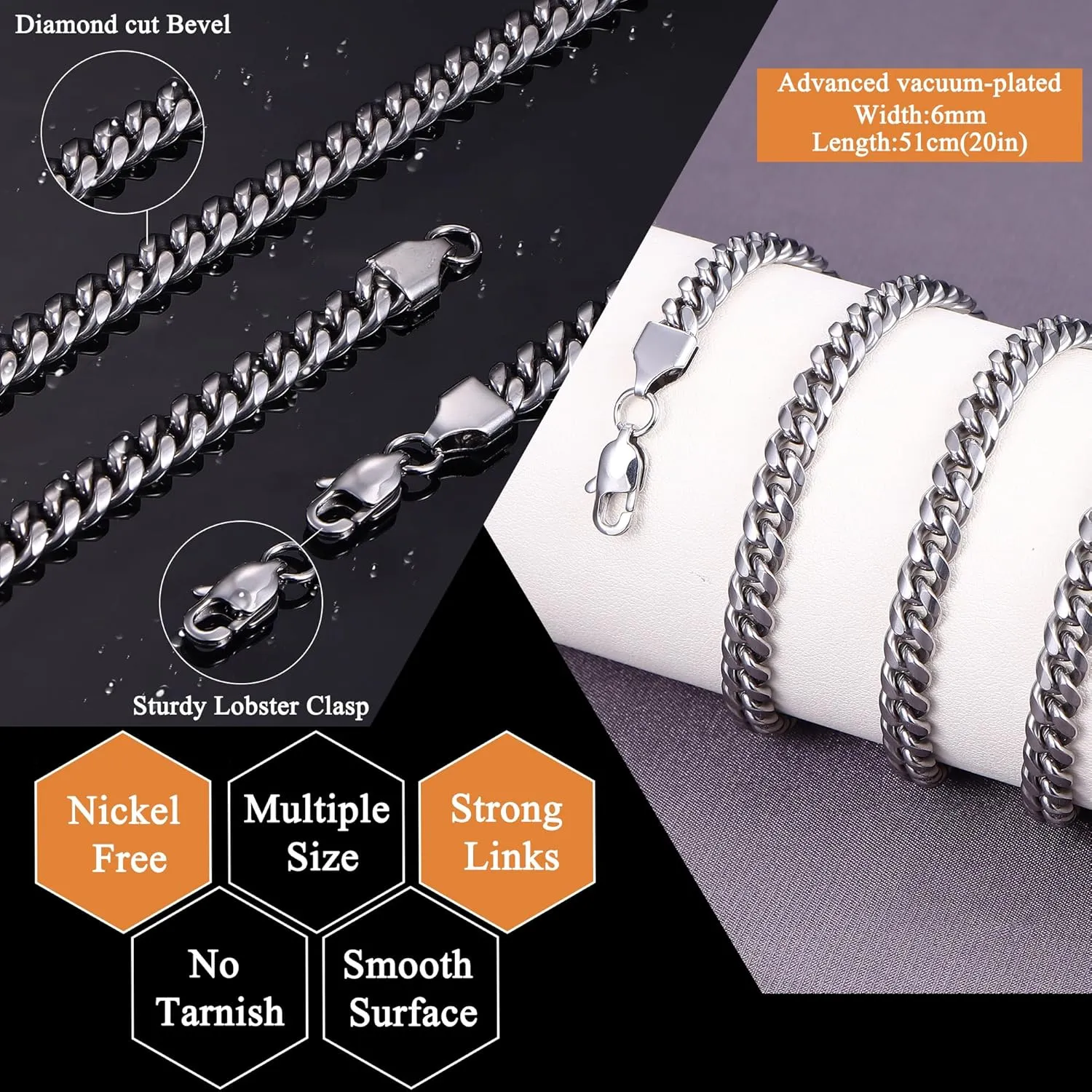 LOYALLOOK Italian Diamond Cut Cuban Link Curb Chain Necklace for Men Women Stainless Steel Curb Cuban Link Chains Necklace Hip Hop Chain 16 18 20 22 24 26 28 30 Inch