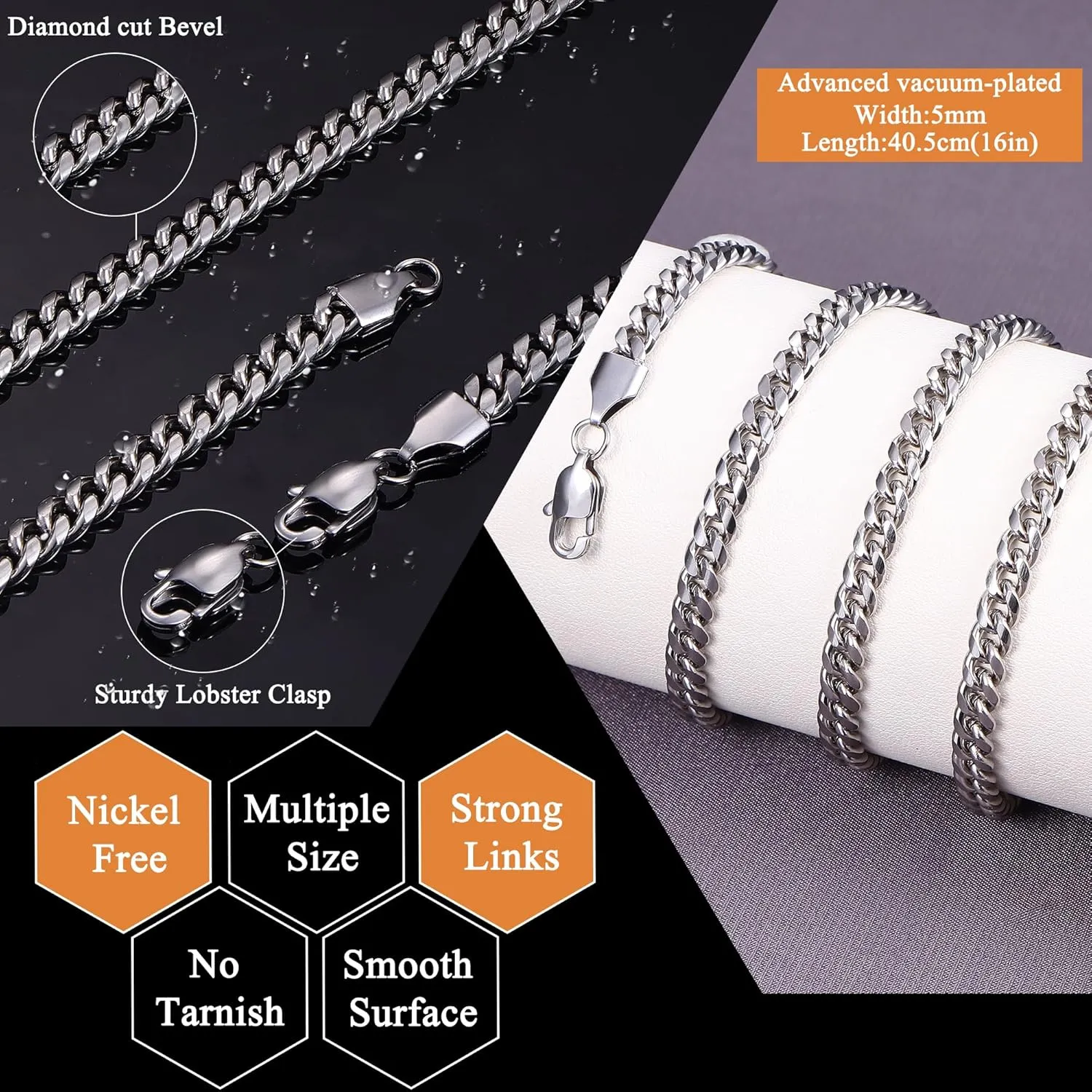 LOYALLOOK Italian Diamond Cut Cuban Link Curb Chain Necklace for Men Women Stainless Steel Curb Cuban Link Chains Necklace Hip Hop Chain 16 18 20 22 24 26 28 30 Inch