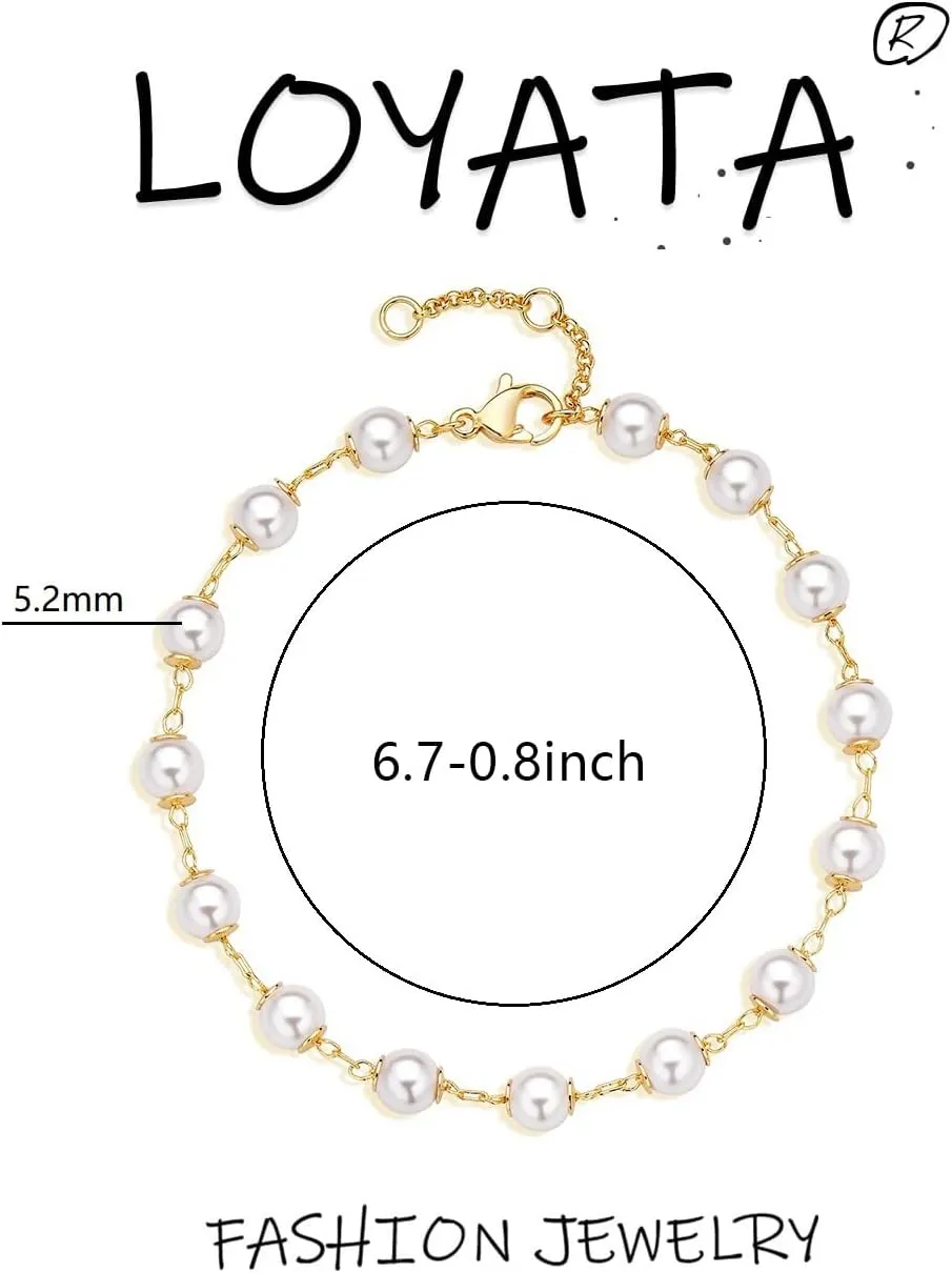 LOYATA Chain Bracelet Gold Link 14K Gold Plated Dainty Pearl Bracelet Simple Jewelry Gift for Women