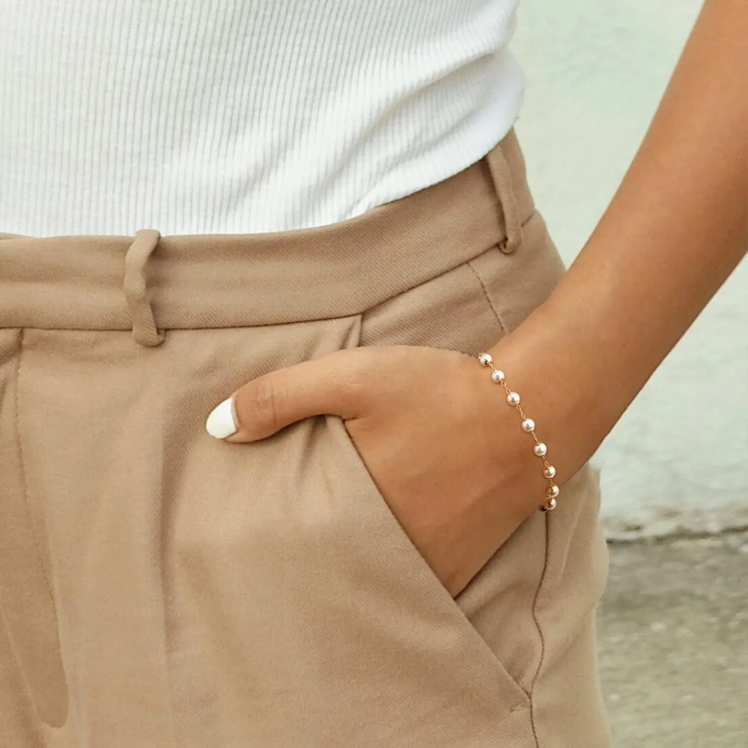 LOYATA Chain Bracelet Gold Link 14K Gold Plated Dainty Pearl Bracelet Simple Jewelry Gift for Women