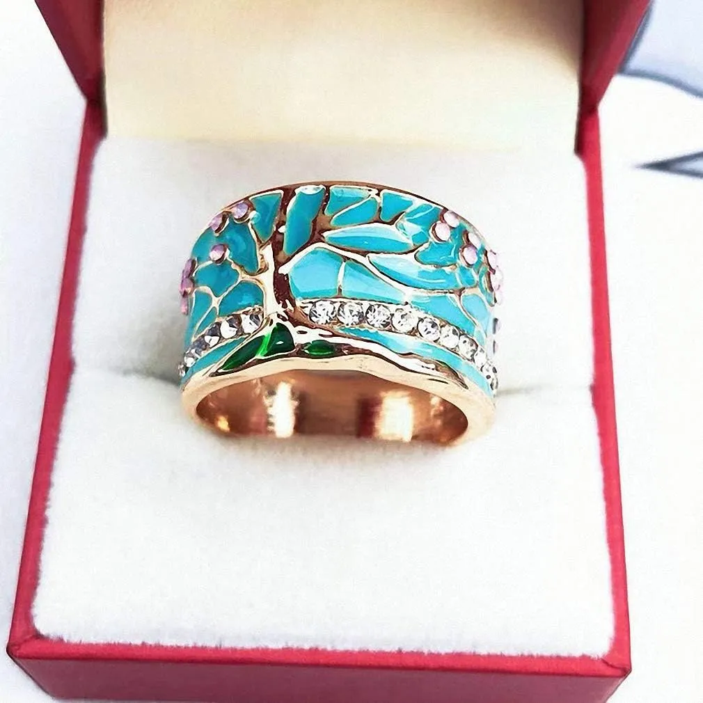 Lucky Flower Tree Rings Gold Pink Opal Green Enamel Wide Ring for Woman Party Crystal Vintage Jewelry