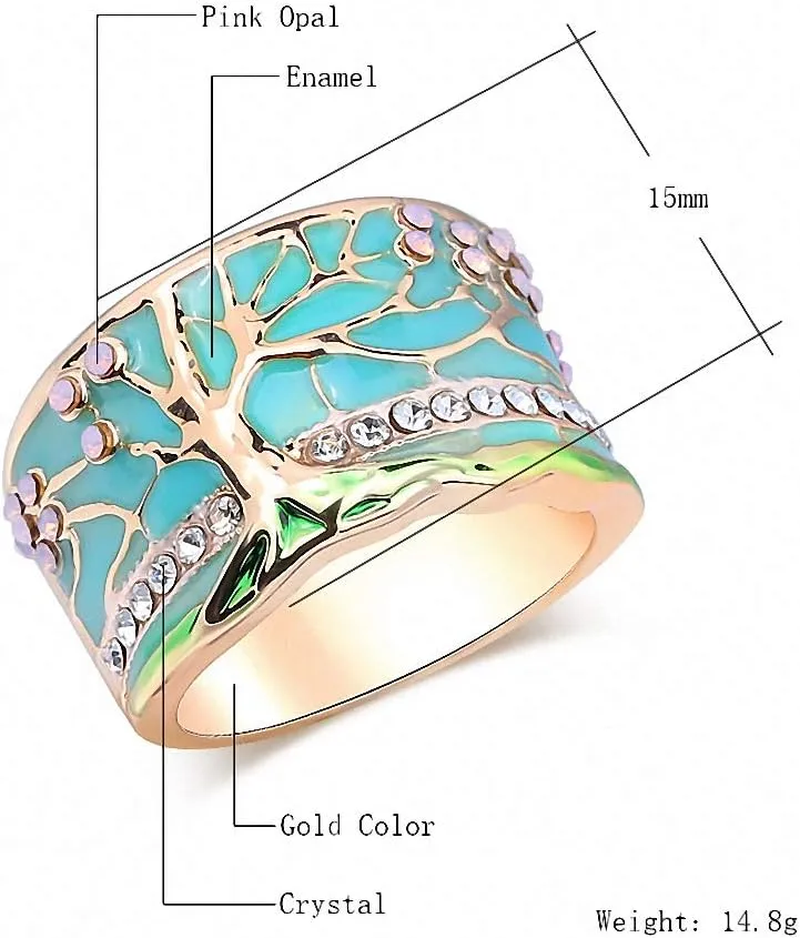 Lucky Flower Tree Rings Gold Pink Opal Green Enamel Wide Ring for Woman Party Crystal Vintage Jewelry