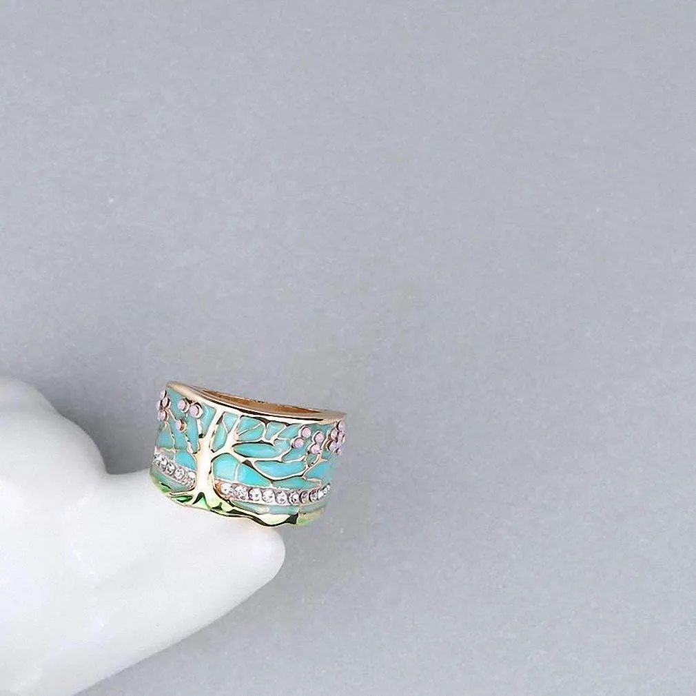Lucky Flower Tree Rings Gold Pink Opal Green Enamel Wide Ring for Woman Party Crystal Vintage Jewelry