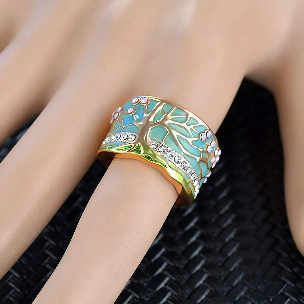 Lucky Flower Tree Rings Gold Pink Opal Green Enamel Wide Ring for Woman Party Crystal Vintage Jewelry