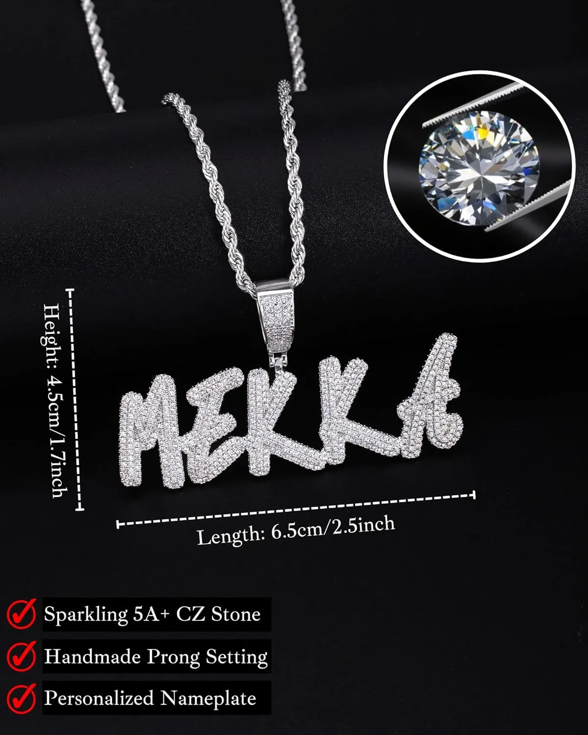 Lulu Mel Iced Out Personalized Cursive Name Necklace For Trendy Women, Custom Handmade Nameplate Pendant With Cuban Link Chain, White Gold Plated Hip Hop CZ Diamond Jewelry Gifts