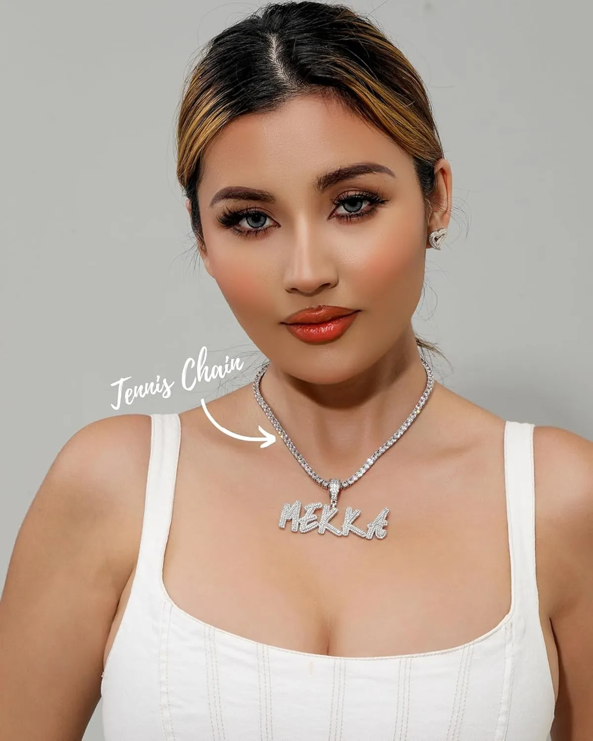 Lulu Mel Iced Out Personalized Cursive Name Necklace For Trendy Women, Custom Handmade Nameplate Pendant With Cuban Link Chain, White Gold Plated Hip Hop CZ Diamond Jewelry Gifts