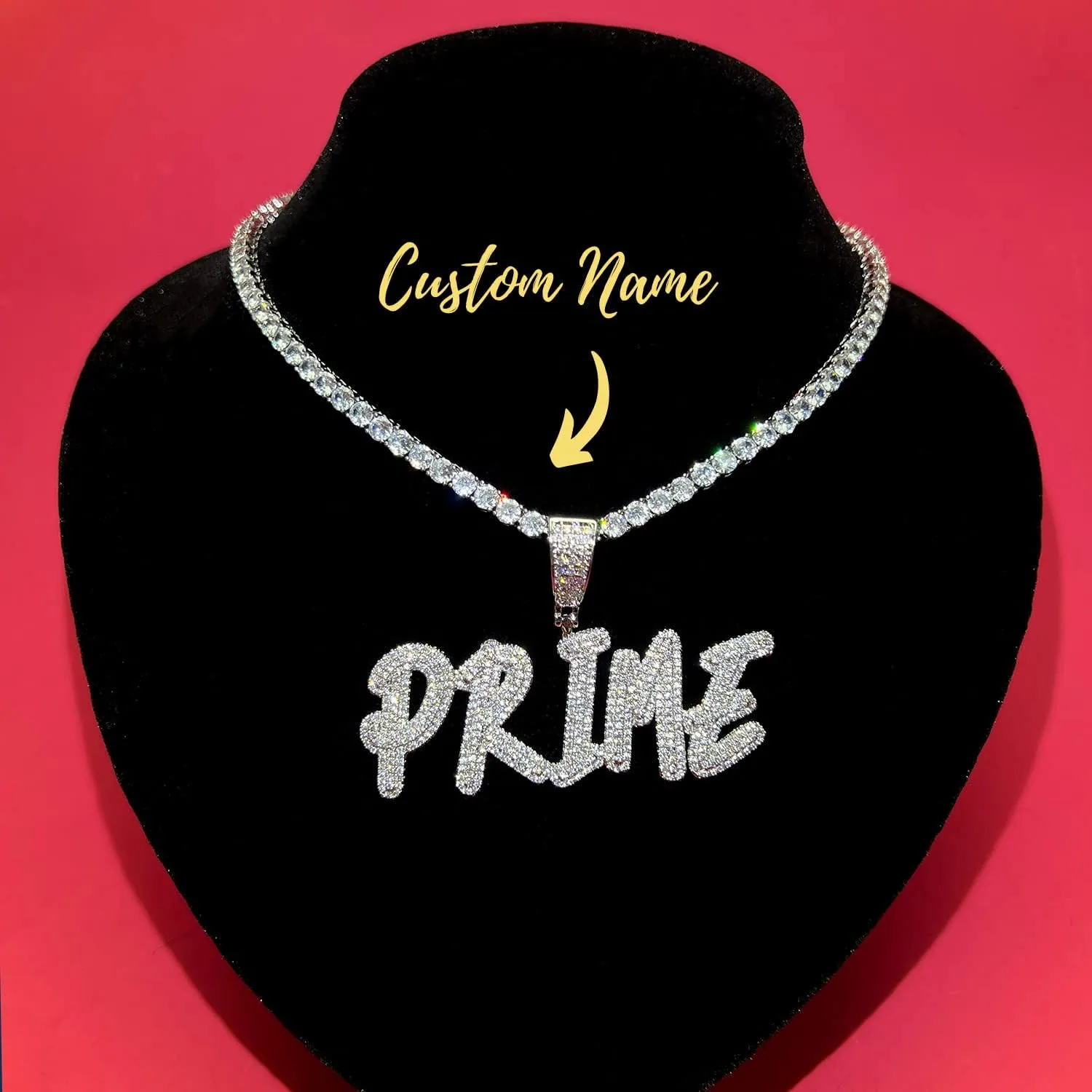 Lulu Mel Iced Out Personalized Cursive Name Necklace For Trendy Women, Custom Handmade Nameplate Pendant With Cuban Link Chain, White Gold Plated Hip Hop CZ Diamond Jewelry Gifts