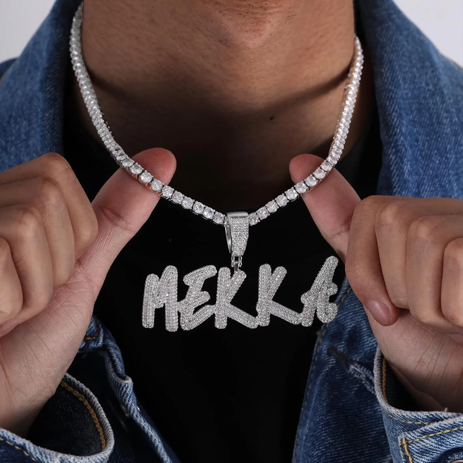Lulu Mel Iced Out Personalized Cursive Name Necklace For Trendy Women, Custom Handmade Nameplate Pendant With Cuban Link Chain, White Gold Plated Hip Hop CZ Diamond Jewelry Gifts