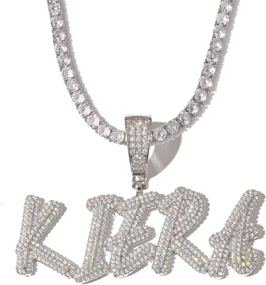 Lulu Mel Iced Out Personalized Cursive Name Necklace For Trendy Women, Custom Handmade Nameplate Pendant With Cuban Link Chain, White Gold Plated Hip Hop CZ Diamond Jewelry Gifts