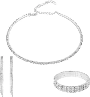 Lusofie Rhinestone Jewelry Set for Women Rhinestone Choker Necklace Bracelet Rhinestone Earrings Dangling Prom Jewelry Sets Diamond Choker Necklace for Women Wedding Bridal Party
