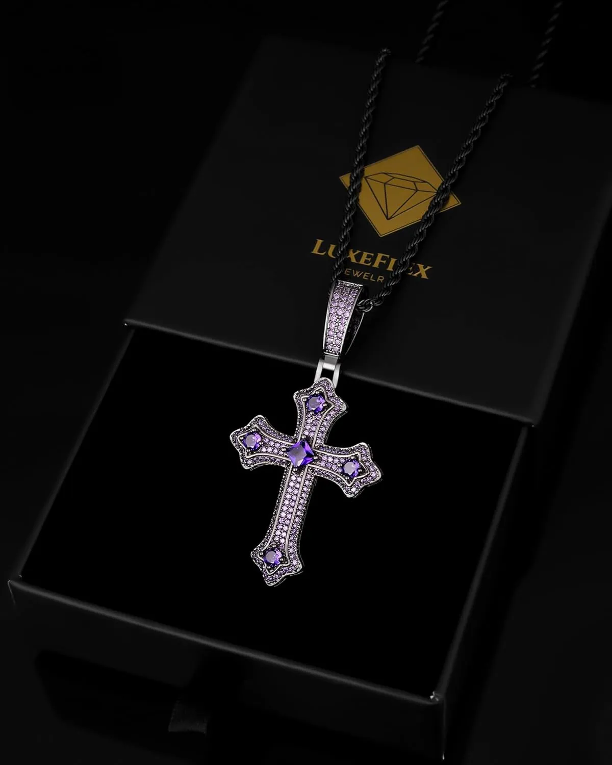LuxeFlex Gothic Iced Out Diamond Jesus Cross Necklace with 20" Stainless Steel Rope Chain, 14K Gold Plated Pendant Religious Faith Cross Jewelry Gifts, Underground Hip-Hop Jewelry for Men Women