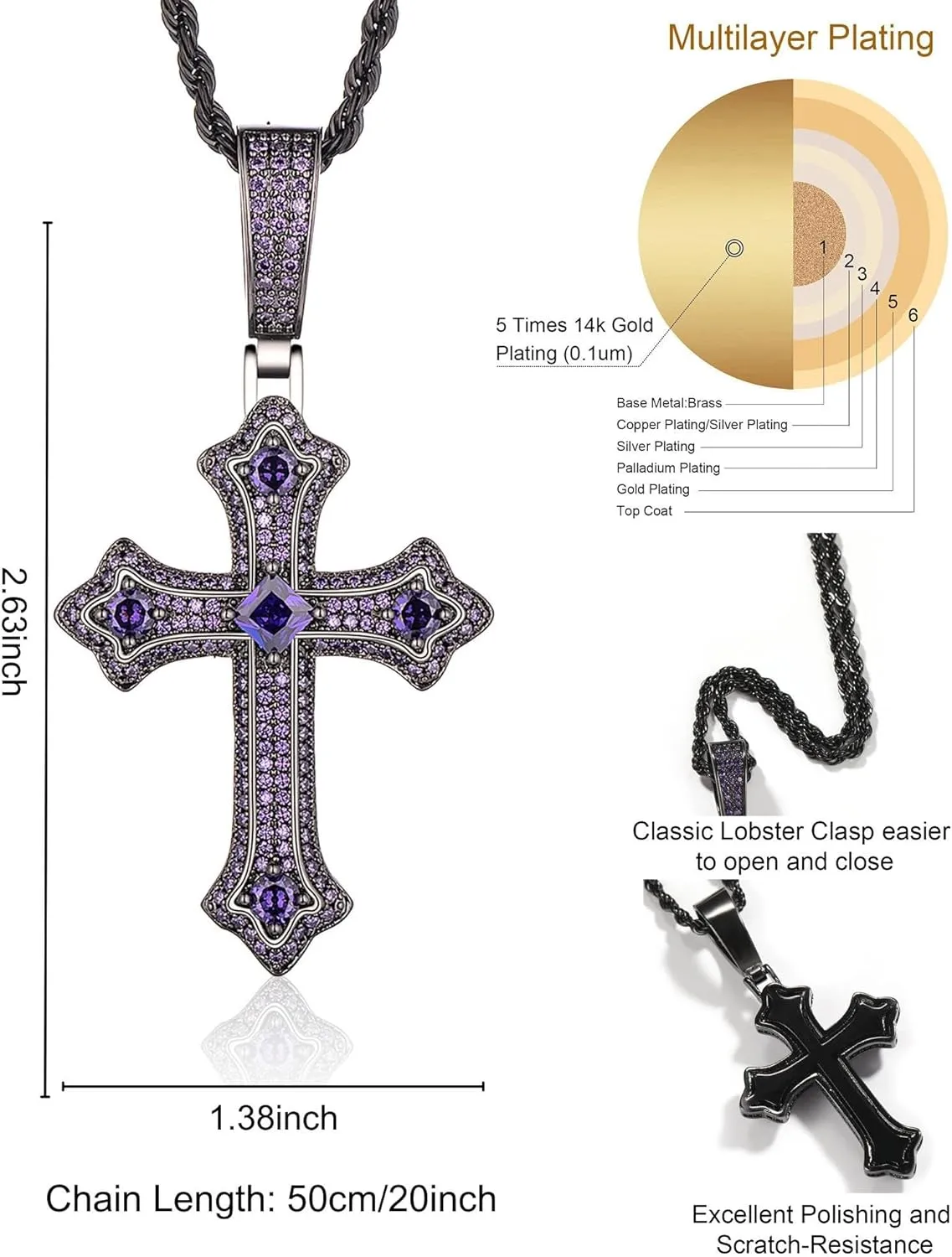 LuxeFlex Gothic Iced Out Diamond Jesus Cross Necklace with 20" Stainless Steel Rope Chain, 14K Gold Plated Pendant Religious Faith Cross Jewelry Gifts, Underground Hip-Hop Jewelry for Men Women