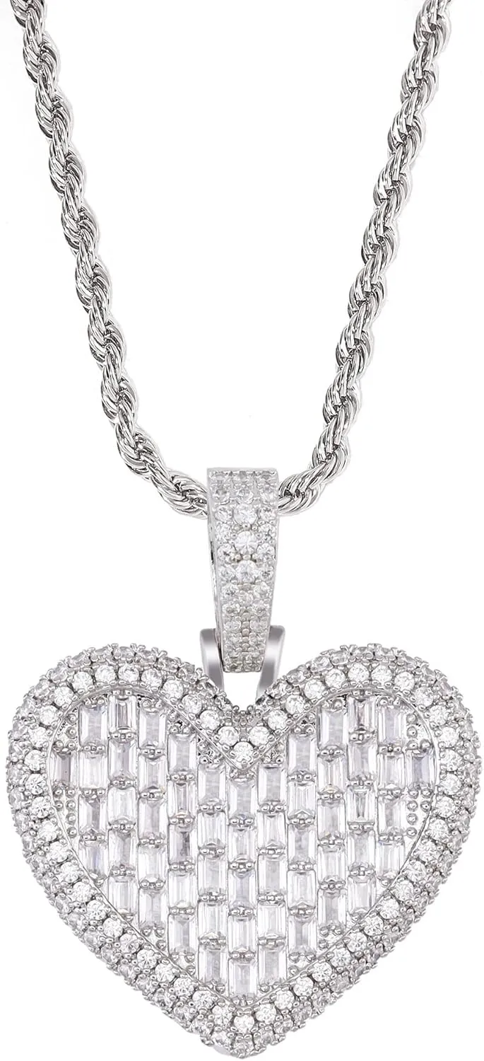 LuxeFlex Iced Out Heart Shaped Pendant with 20" Rope Chain, Gold Silver Color Cubic Zirconia Diamond-studded Heart Charm Necklace, Hip Hop 14k Real Gold-plated Heart Jewelry for Girl Woman