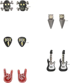 Madison Tyler 5Pairs Funny Studs Earrings Set for Women | Punk Retro Classic Spiked Guitar Rock Hand Skull Earrings | Rock and Roll Accessories for Women