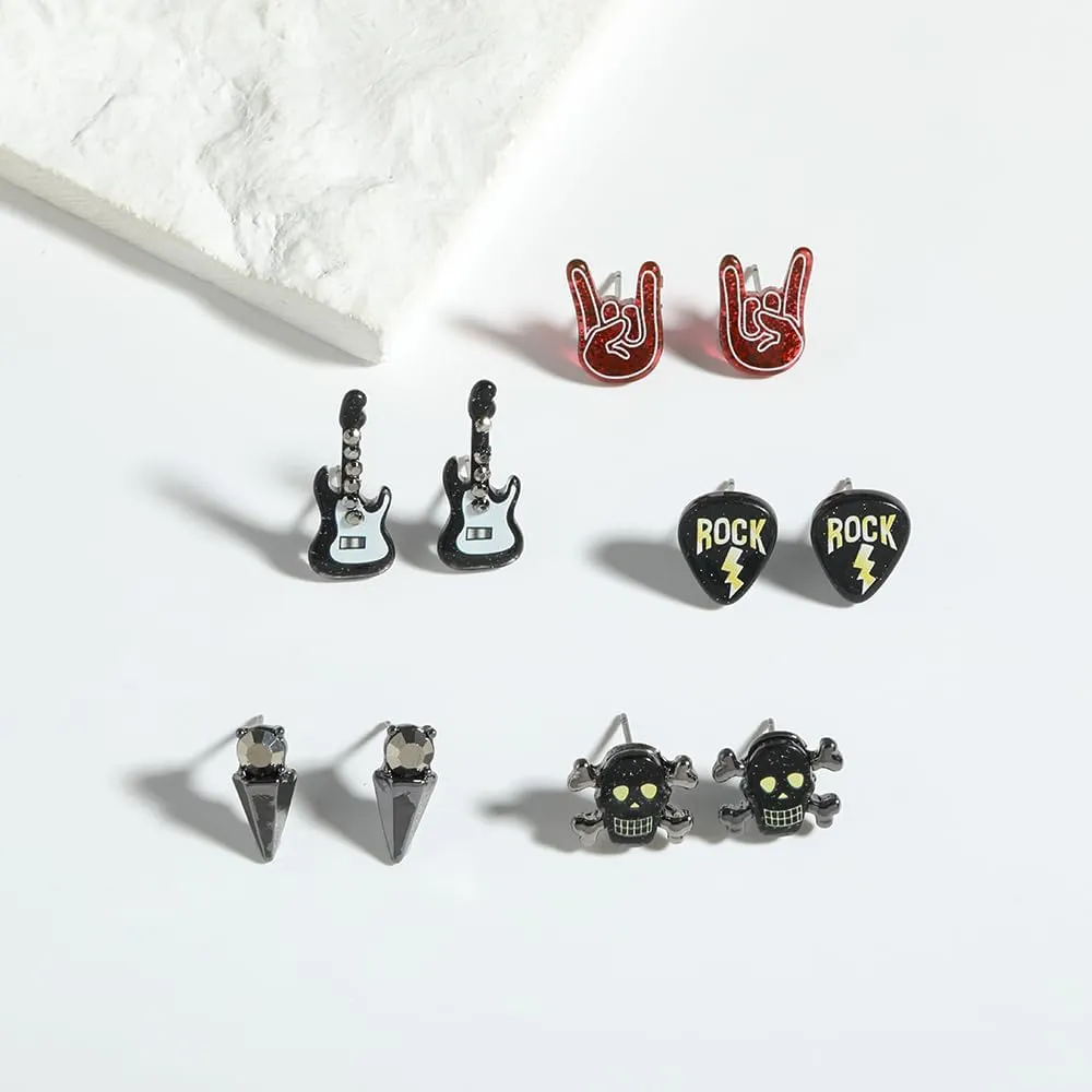 Madison Tyler 5Pairs Funny Studs Earrings Set for Women | Punk Retro Classic Spiked Guitar Rock Hand Skull Earrings | Rock and Roll Accessories for Women