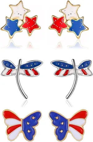 MALOYANVE 4th of July Stud Earrings for Women Cute Small Red Blue American Flag Earring Fashion Fourth of July USA Patriotic Independence Day Earrings Jewelry Accessory Gifts