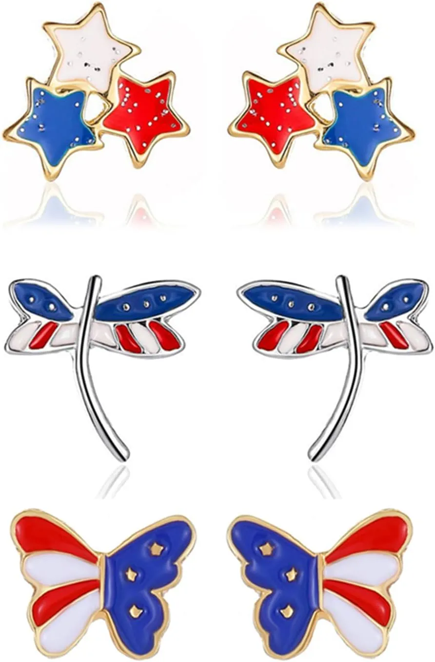 MALOYANVE 4th of July Stud Earrings for Women Cute Small Red Blue American Flag Earring Fashion Fourth of July USA Patriotic Independence Day Earrings Jewelry Accessory Gifts