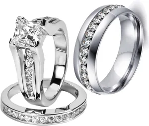 Mashan Couple Rings His Her Wedding Ring Sets Matching Rings White Gold Plated AAA CZ Ring Mens Wedding Bands, White Gold,Titanium