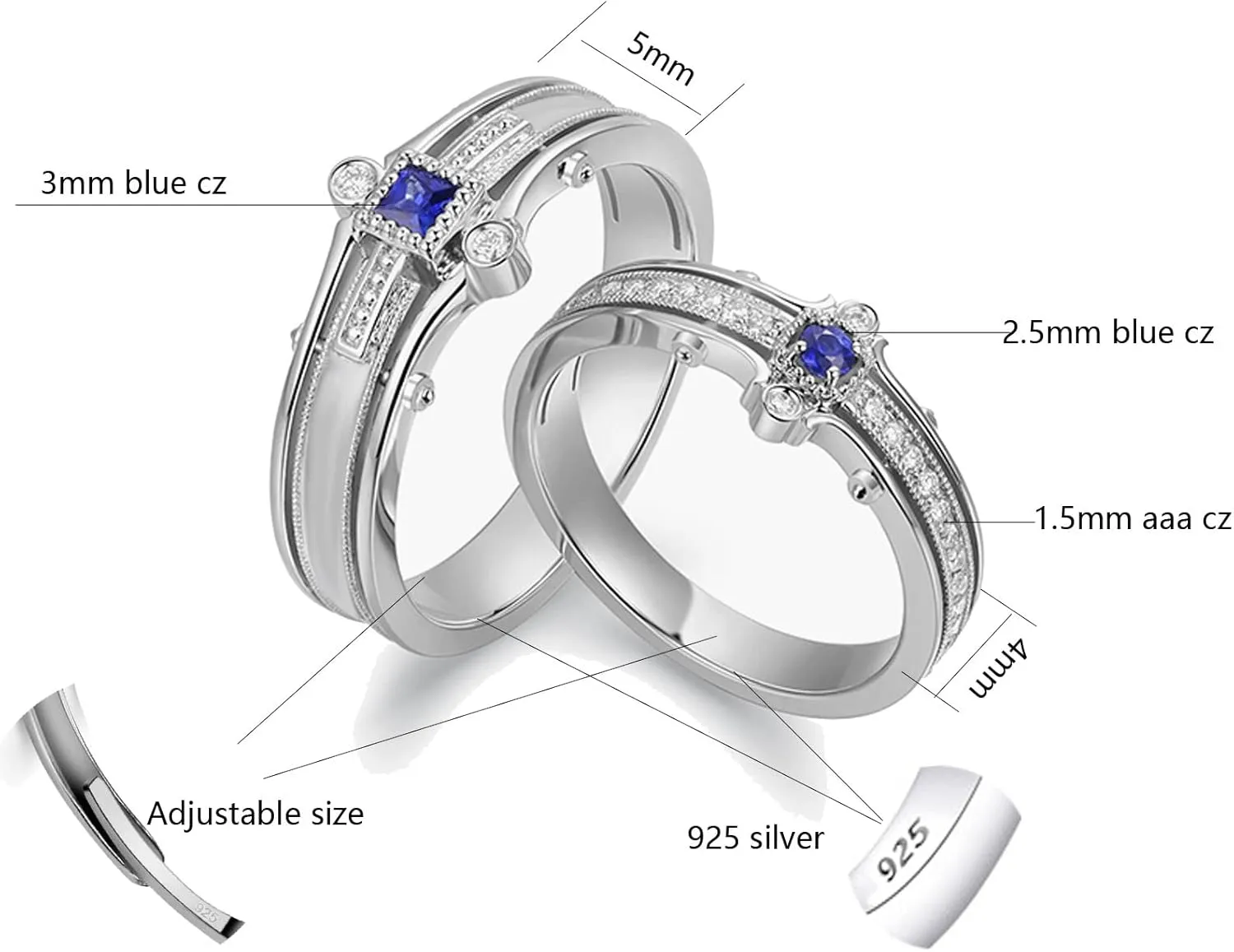 Matching Rings Couple Rings 0.5CT Blue CZ 925 Silver Women Wedding Ring Men Wedding Band