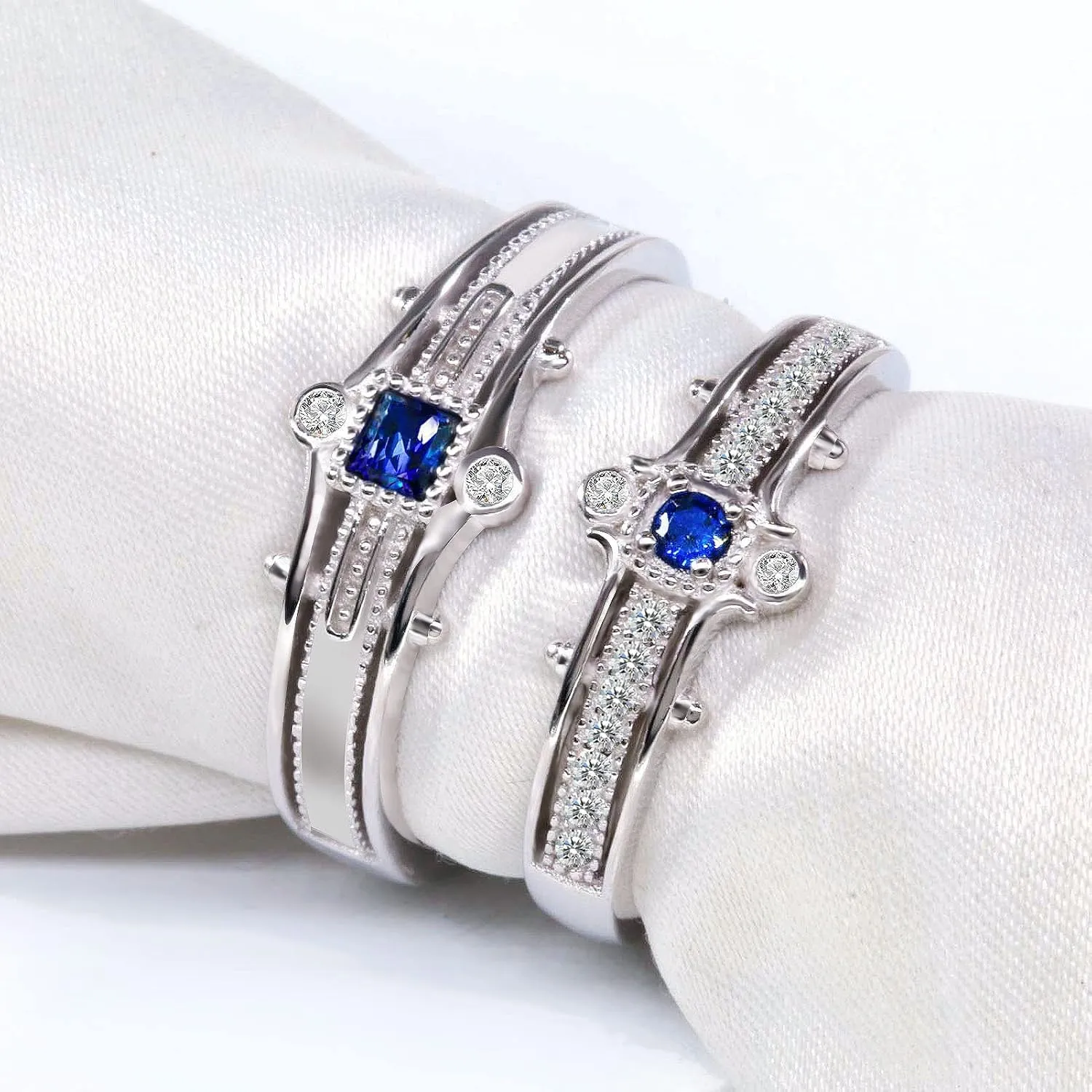 Matching Rings Couple Rings 0.5CT Blue CZ 925 Silver Women Wedding Ring Men Wedding Band