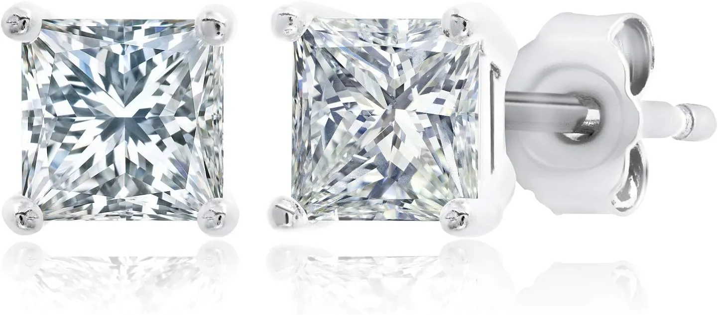 MAX   STONE Plated Sterling Silver Cubic Zirconia Stud Earrings (Round & Princess)