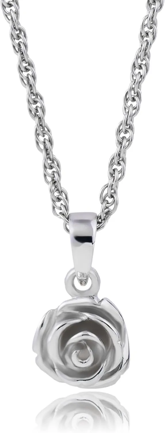 MAX   STONE Sterling Silver Rose Pendant Necklace for Women on 18 inch Rope Chain Womens Silver Pendant Necklaces