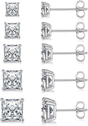 MDFUN 5 Pairs 316L Stainless Steel Earrings Set 3-7MM Hypoallergenic Princess Cut Cubic Zirconia Square Stud Earring Jewelry for Women and Men