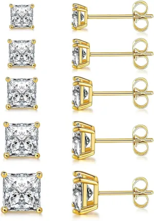 MDFUN 5 Pairs 316L Stainless Steel Earrings Set 3-7MM Hypoallergenic Princess Cut Cubic Zirconia Square Stud Earring Jewelry for Women and Men