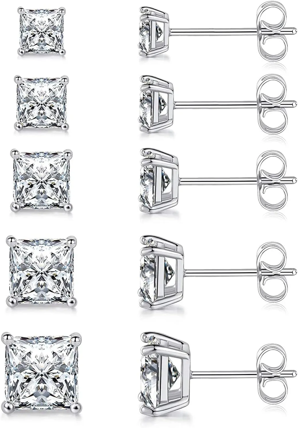 MDFUN 5 Pairs 316L Stainless Steel Earrings Set 3-7MM Hypoallergenic Princess Cut Cubic Zirconia Square Stud Earring Jewelry for Women and Men