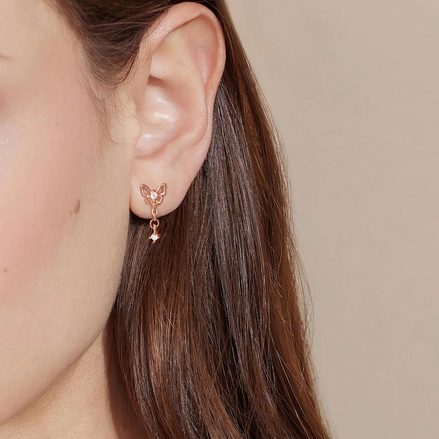 Meissa Butterfly Dangle Screw Back Earrings Rose Gold Earrings Trendy Hypoallergenic Flat Back Earrings Safety Back Earrings for Her Girls Daughter, Rose Gold