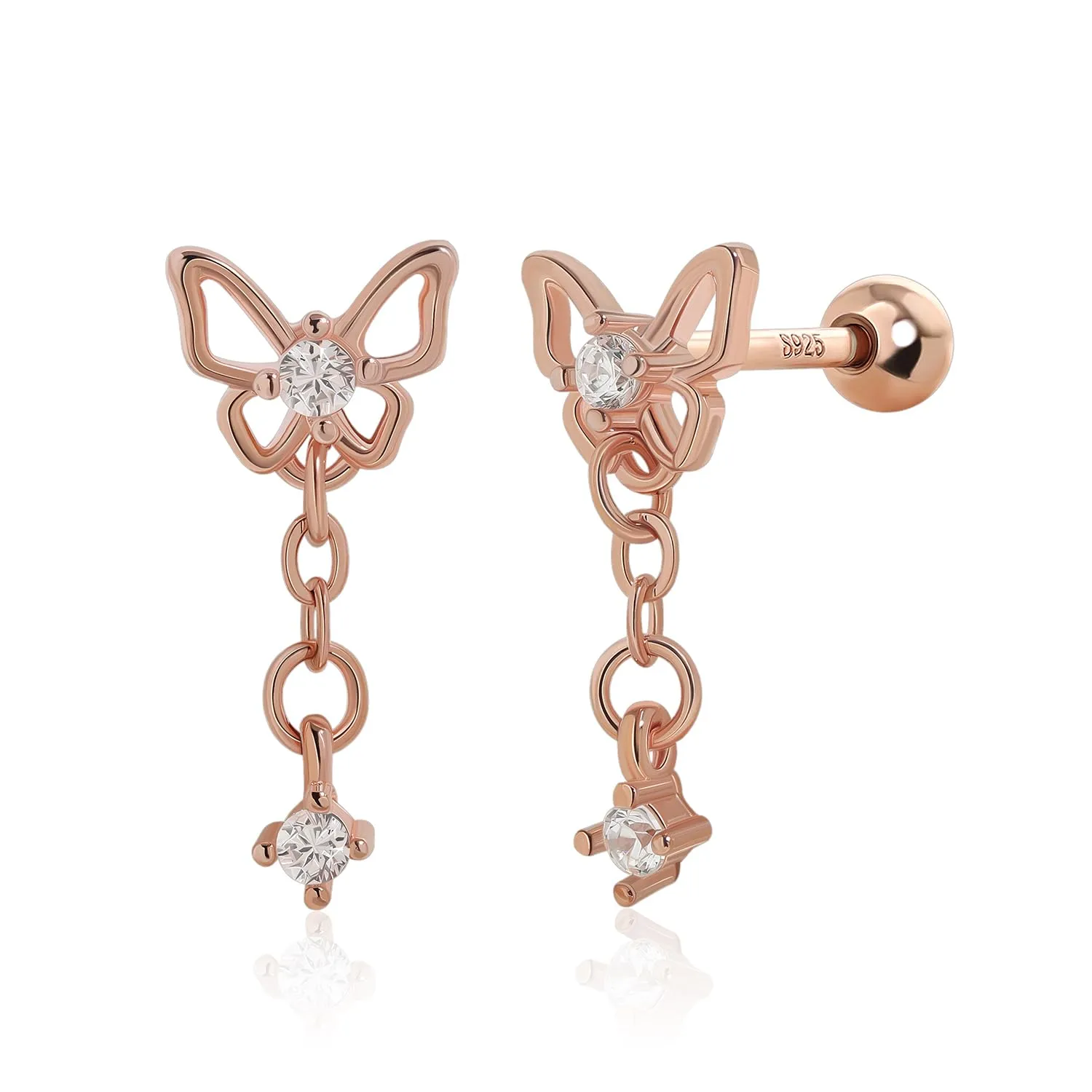 Meissa Butterfly Dangle Screw Back Earrings Rose Gold Earrings Trendy Hypoallergenic Flat Back Earrings Safety Back Earrings for Her Girls Daughter, Rose Gold