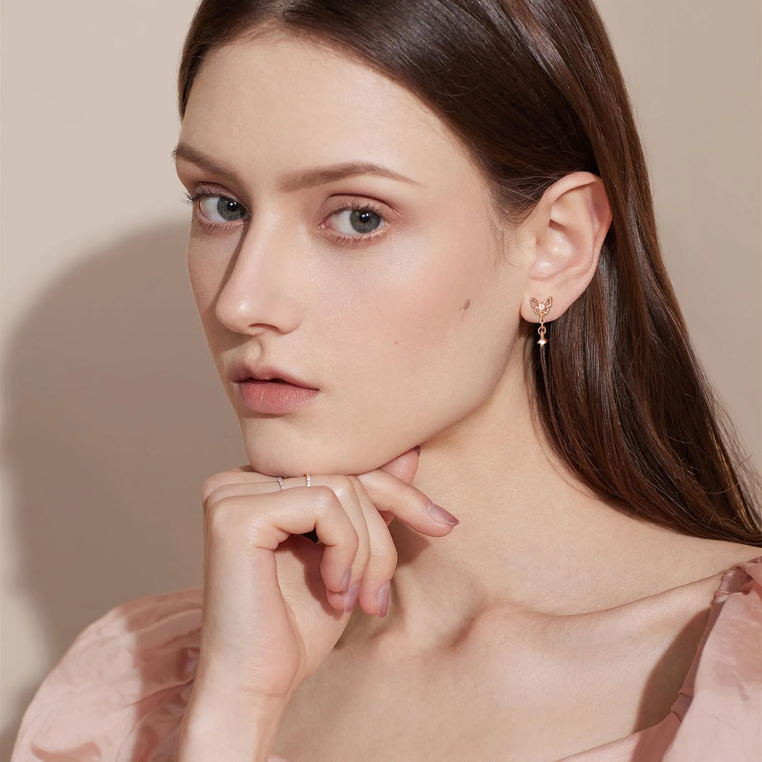 Meissa Butterfly Dangle Screw Back Earrings Rose Gold Earrings Trendy Hypoallergenic Flat Back Earrings Safety Back Earrings for Her Girls Daughter, Rose Gold