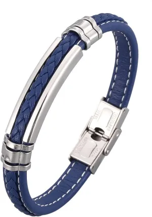 Mens Black Leather Bracelet Silver Stainless Steel Adjustable Buckle Bracelets Pulseras para Hombre