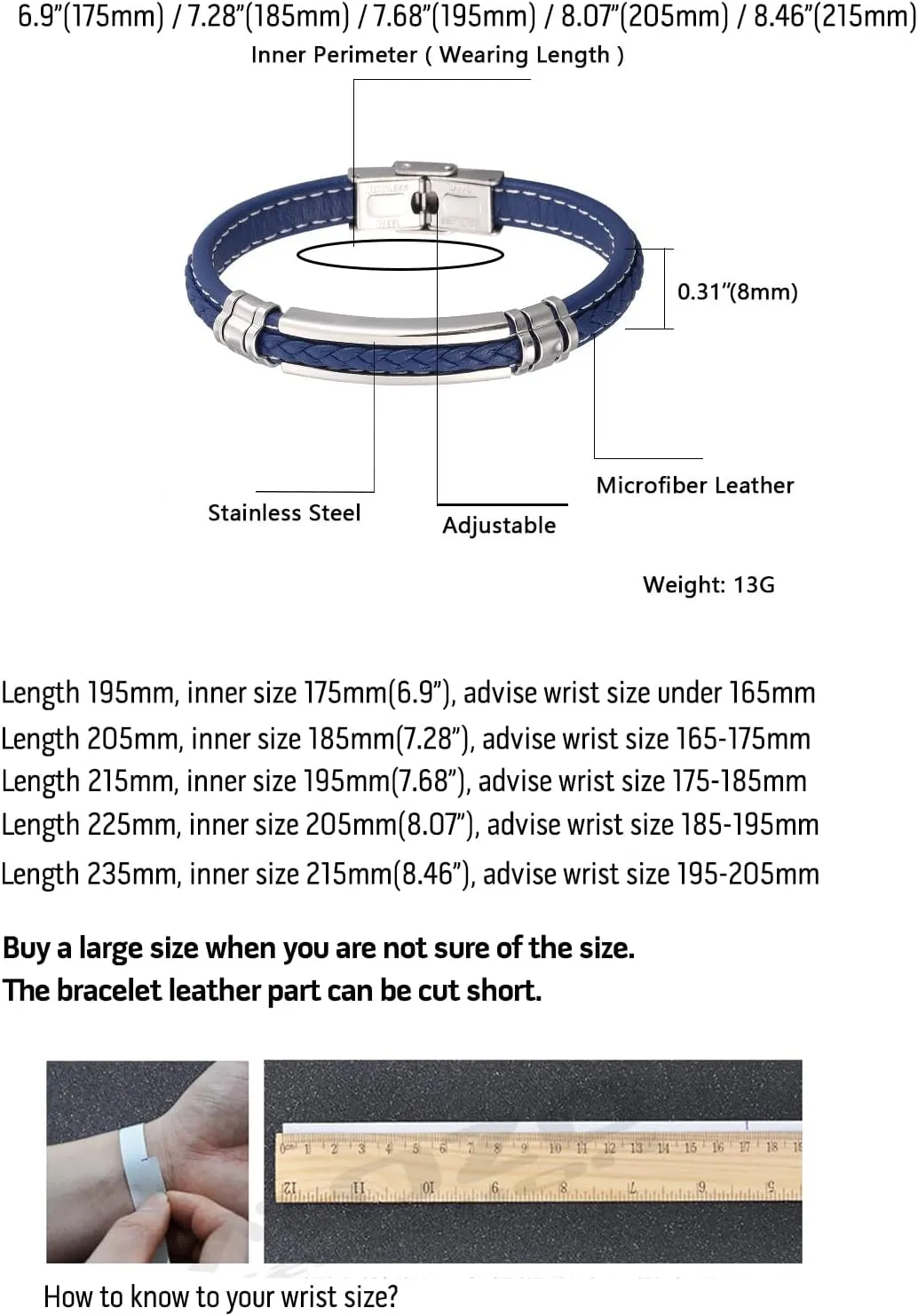 Mens Black Leather Bracelet Silver Stainless Steel Adjustable Buckle Bracelets Pulseras para Hombre