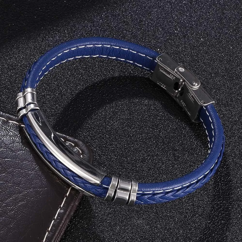 Mens Black Leather Bracelet Silver Stainless Steel Adjustable Buckle Bracelets Pulseras para Hombre