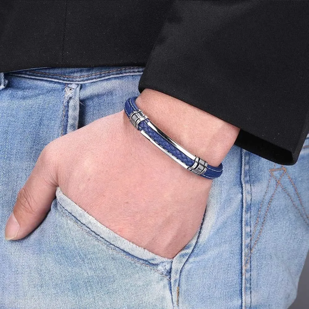 Mens Black Leather Bracelet Silver Stainless Steel Adjustable Buckle Bracelets Pulseras para Hombre