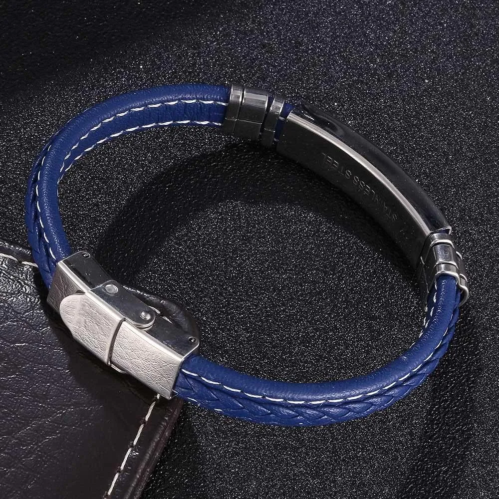 Mens Black Leather Bracelet Silver Stainless Steel Adjustable Buckle Bracelets Pulseras para Hombre