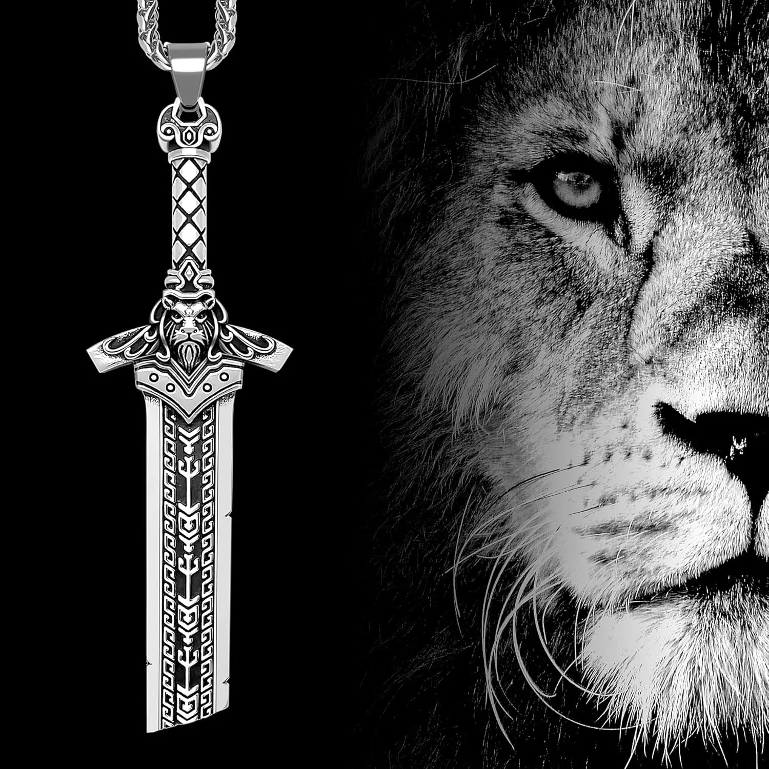Mens Broken Sword Necklace Lion Head Knight Dragon Sword Pendant Viking Jewelry for Men Women