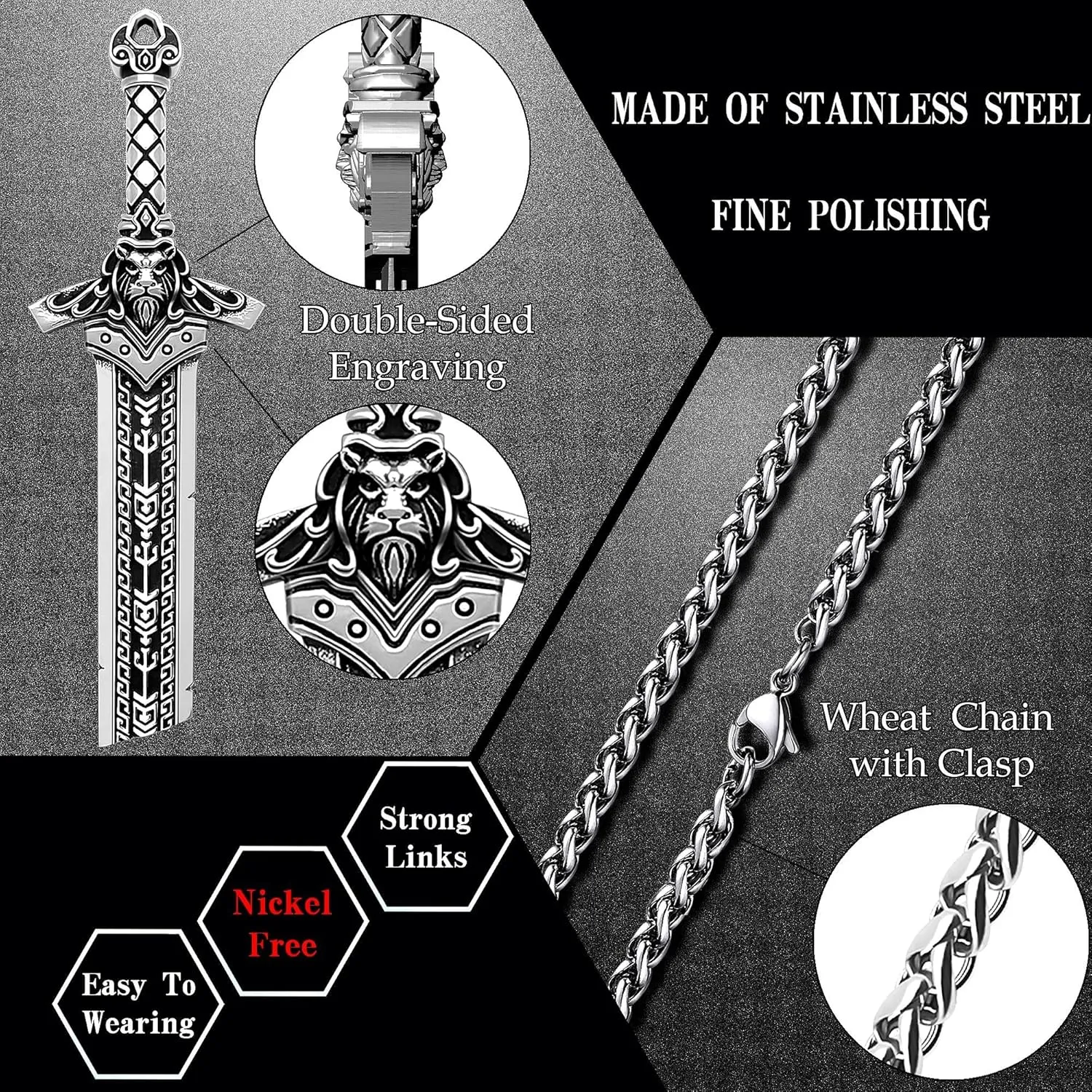 Mens Broken Sword Necklace Lion Head Knight Dragon Sword Pendant Viking Jewelry for Men Women
