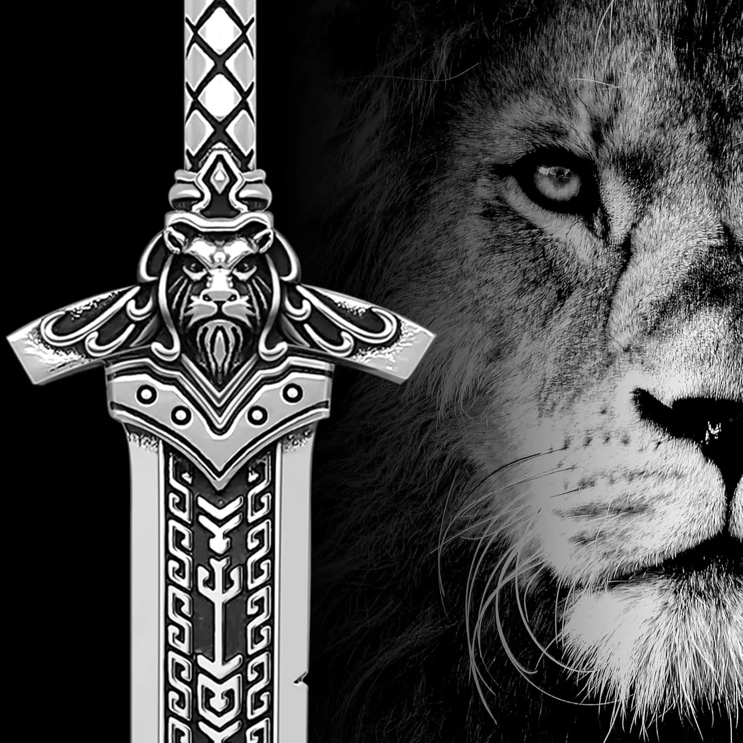 Mens Broken Sword Necklace Lion Head Knight Dragon Sword Pendant Viking Jewelry for Men Women