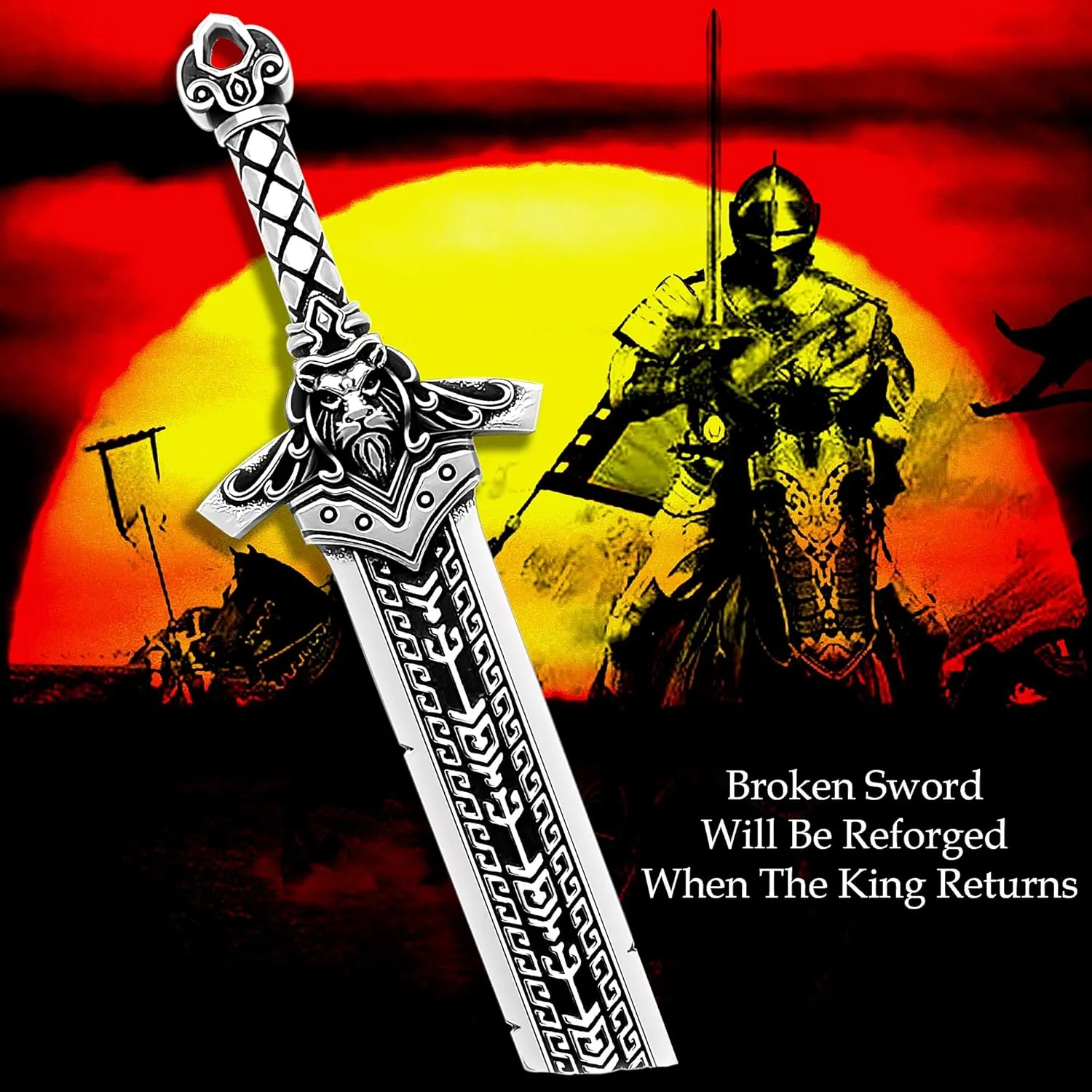 Mens Broken Sword Necklace Lion Head Knight Dragon Sword Pendant Viking Jewelry for Men Women