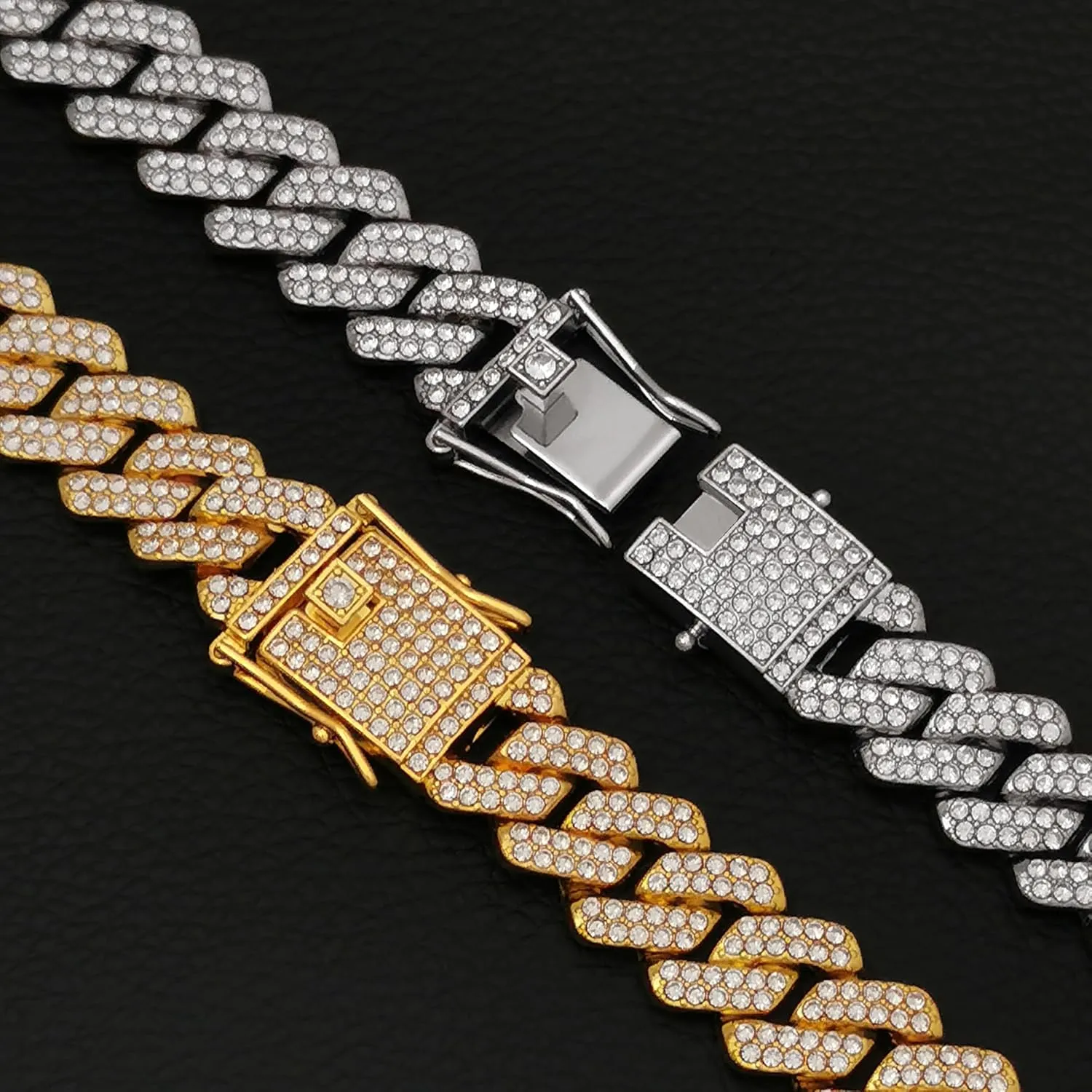 Mens Cuban Link Chain 13MM Width Silver/Gold Cuban Chain Necklace AAA  Rhinestones Zinc Alloy Hip Hop Chains for Men Women