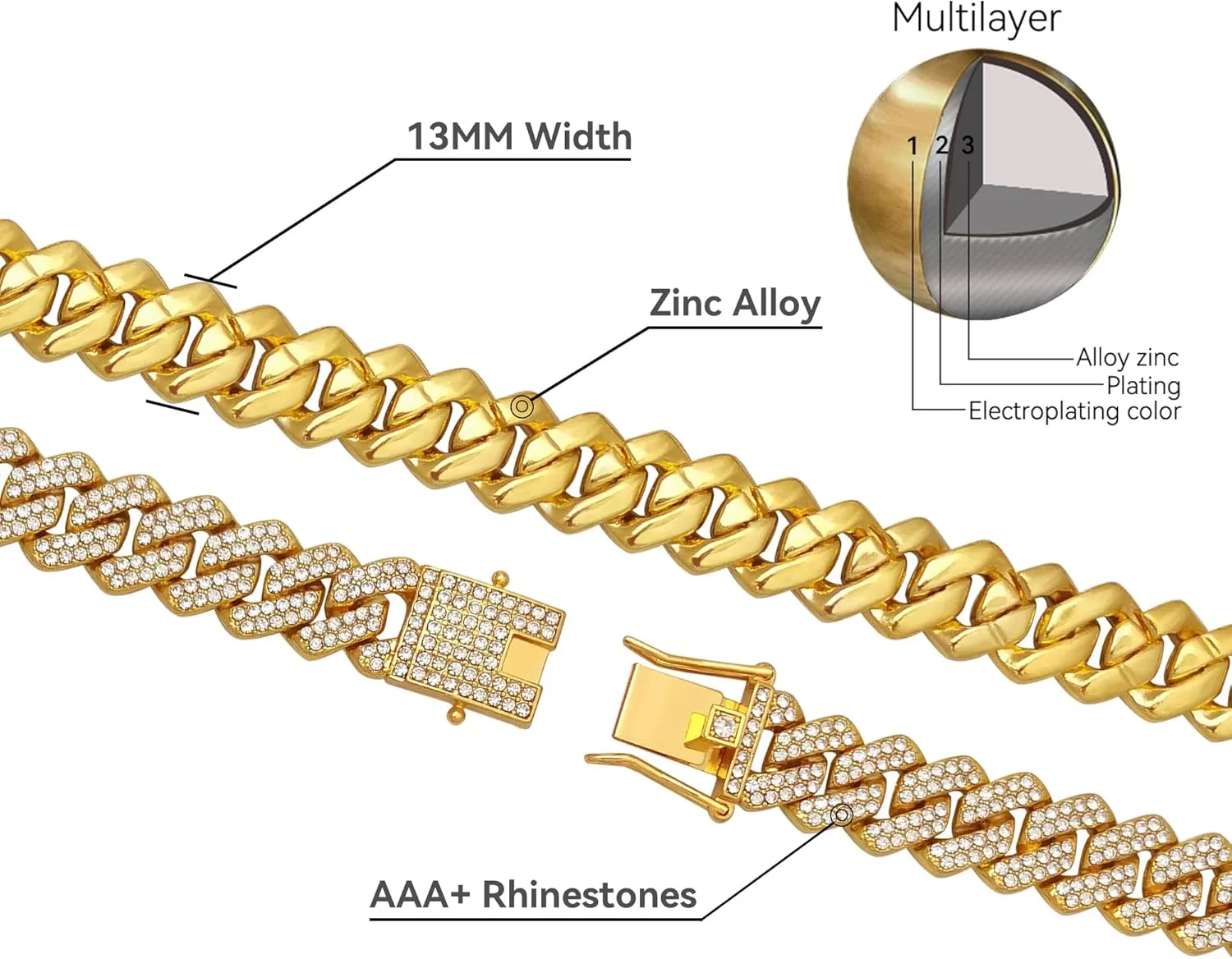 Mens Cuban Link Chain 13MM Width Silver/Gold Cuban Chain Necklace AAA  Rhinestones Zinc Alloy Hip Hop Chains for Men Women