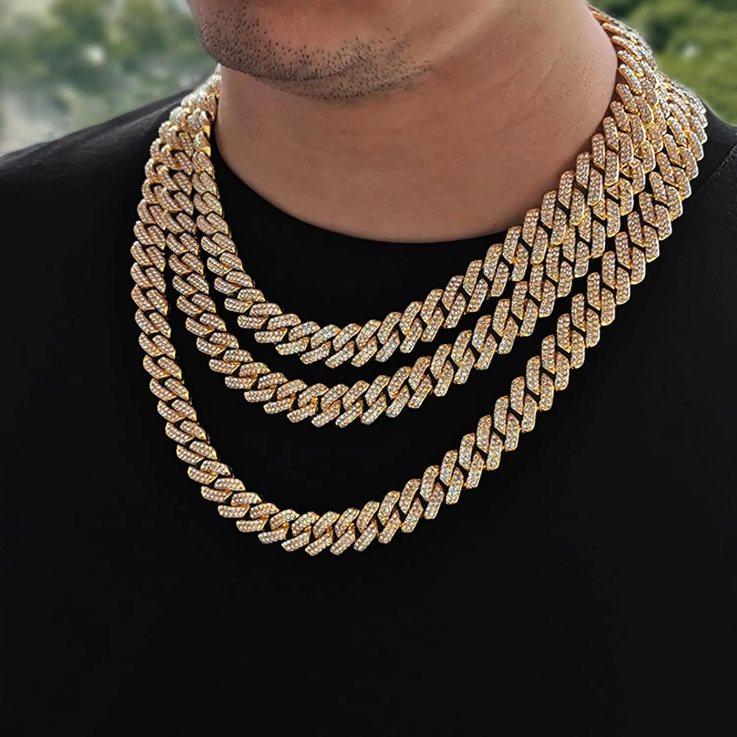 Mens Cuban Link Chain 13MM Width Silver/Gold Cuban Chain Necklace AAA  Rhinestones Zinc Alloy Hip Hop Chains for Men Women
