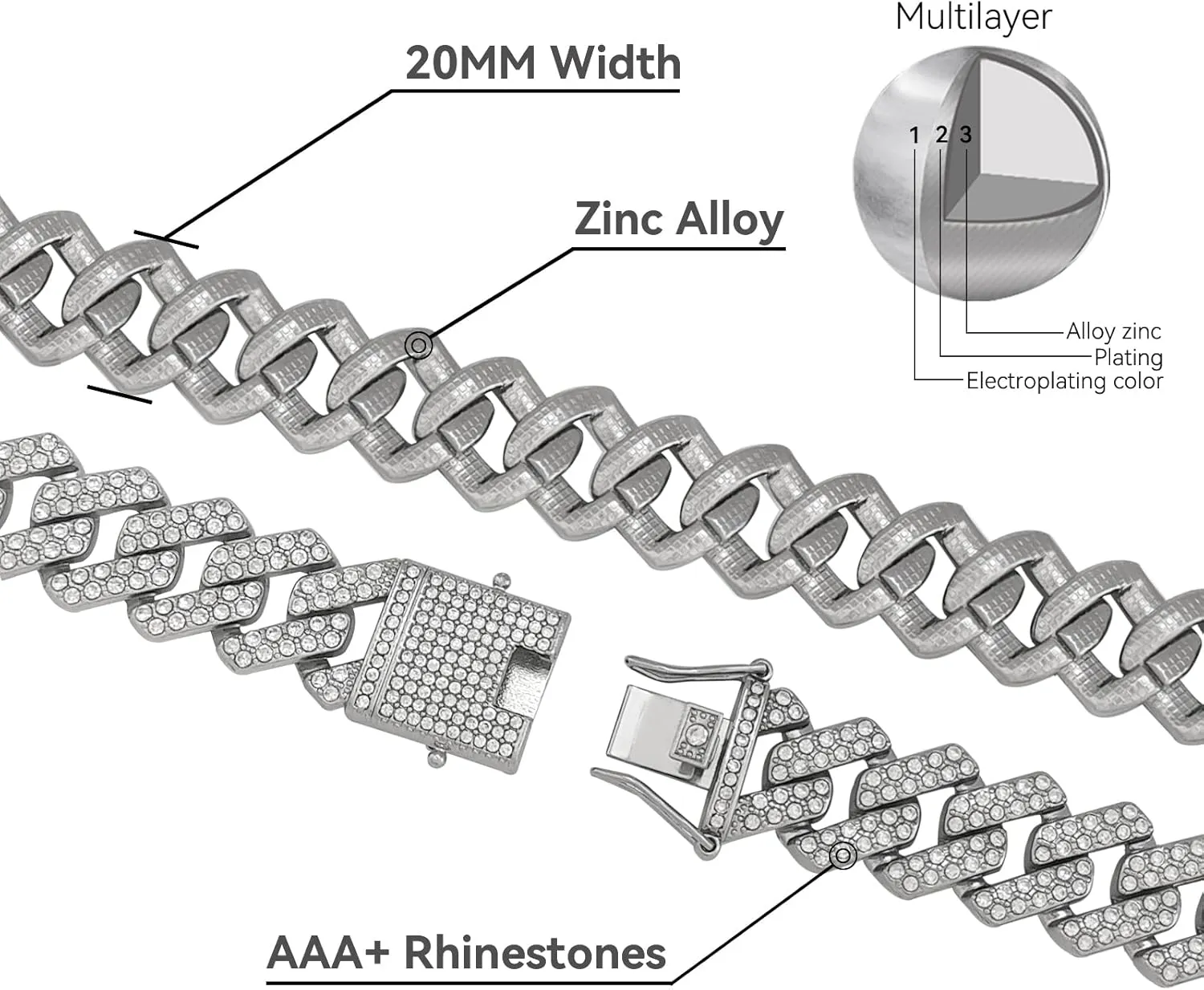 Mens Cuban Link Chain, 20MM Cuban Chain Zinc Alloy AAA  Rhinestone Necklace for Men Hip Hop Chains